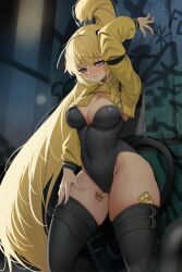 Rule 34 | 1girl, absurdres, animal ears, arm up, artist request, black leotard, black thighhighs, blonde hair, blue eyes, breasts, cat ears, cat girl, cat tail, cleavage, commission, condom, condom in clothes, condom wrapper, covered navel, cropped jacket, hand on own thigh, high ponytail, highleg, highleg leotard, highres, jacket, large breasts, leotard, long hair, long sleeves, looking at viewer, nontraditional playboy bunny, original, ponytail, second-party source, solo, standing, strapless, strapless leotard, tail, thighhighs, thighs, very long hair, yellow jacket