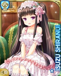 Rule 34 | 1girl, annoyed, bare arms, black hair, card (medium), chair, character name, dress, earrings, flower, girlfriend (kari), hair flower, hair ornament, indoors, jewelry, lolita fashion, mansion, night, official art, open mouth, pink flower, purple eyes, qp:flapper, shiranui isuzu, side ponytail, sitting, tagme, white dress