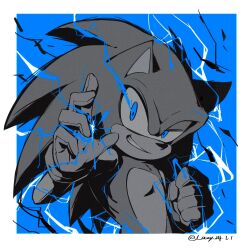 Rule 34 | 1boy, alternate eye color, animal ears, animal nose, artist name, blue background, blue eyes, border, clenched hand, commentary, dated, electricity, furry, furry male, gloves, hands up, hedgehog, hedgehog ears, highres, lazy kun, looking at viewer, male focus, outside border, partially colored, simple background, smile, solo, sonic (series), sonic the hedgehog, standing, symbol-only commentary, teeth, upper body, white border