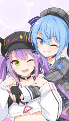 Rule 34 | 2girls, ;d, absurdres, arm grab, blue hair, blush, fang, felutiahime, full body, grin, highres, holding another&#039;s arm, hololive, hoshimachi suisei, hoshimachi suisei (1st costume), hug, hug from behind, long sleeves, looking at another, looking at viewer, multiple girls, one eye closed, open mouth, purple hair, simple background, smile, tokoyami towa, upper body, virtual youtuber, white background