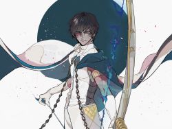 Rule 34 | 1boy, arjuna (fate), arrow (projectile), bad id, bad pixiv id, black hair, bow (weapon), brown eyes, cape, circle, dark-skinned male, dark skin, ebanoniwa, fate/grand order, fate (series), gloves, grin, hair over one eye, highres, holding, holding bow (weapon), holding weapon, looking at viewer, male focus, pelvic curtain, short hair, smile, weapon, white gloves