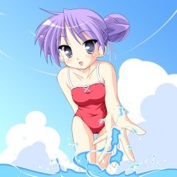 Rule 34 | 1girl, blue sky, chignon, hiiragi kagami, kakesu, lucky star, one-piece swimsuit, purple hair, red one-piece swimsuit, sky, swimsuit
