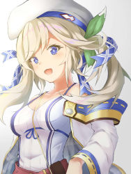 Rule 34 | 1girl, :d, bare shoulders, belt, beret, blonde hair, blue eyes, blue ribbon, blush, breasts, camisole, cleavage, collarbone, covered navel, cucouroux (granblue fantasy), eyelashes, gradient background, granblue fantasy, green ribbon, grey background, hair ribbon, hat, jacket, long hair, looking at viewer, medium breasts, off shoulder, open mouth, plaid, plaid ribbon, ponta (velmar), red belt, rei no himo, ribbon, sidelocks, simple background, slit pupils, smile, solo, spaghetti strap, standing, swept bangs, twintails, upper body, white beret, white camisole, white hat, white jacket