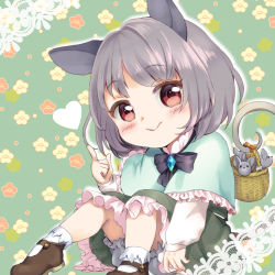 Rule 34 | 1girl, :&gt;, animal, animal ears, ari don, basket, bloomers, blush, bobby socks, bow, capelet, chibi, dress, floral background, flower, grey hair, heart, index finger raised, jewelry, long sleeves, looking at viewer, mouse (animal), mouse ears, mouse tail, nazrin, outer glow, pendant, red eyes, shoes, short hair, sitting, skirt, socks, solo, tail, touhou, underwear, white socks