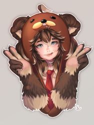 Rule 34 | 1girl, :q, ahoge, animal ears, animal hands, animal hood, barb-tan, bear ears, bear hood, blonde hair, blue eyes, borrowed character, brown hair, claws, double v, fang, fang out, fur, gradient hair, head tilt, heart, heart-shaped pupils, highres, honey, hood, looking at viewer, lucky clover (luckyxclover), meme, multicolored hair, necktie, original, signature, simple background, solo, symbol-shaped pupils, tongue, tongue out, two-tone hair, upper body, v