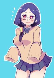 Rule 34 | 1girl, alternate costume, bespectacled, blue background, blue hair, blue skirt, blush, bow, brown sweater, cowboy shot, glasses, highres, hys-d, little witch academia, long hair, long sleeves, looking at viewer, open mouth, pleated skirt, red eyes, school uniform, skirt, sleeves past fingers, sleeves past wrists, solo, sweater, ursula callistis