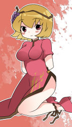 Rule 34 | 1girl, aki minoriko, alternate headwear, arms behind back, bad id, bad pixiv id, blonde hair, breasts, china dress, chinese clothes, dress, food, fruit, grapes, hammer (sunset beach), impossible clothes, impossible dress, kneeling, red eyes, short hair, solo, touhou