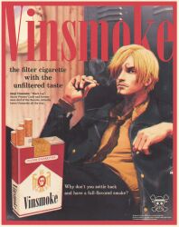 Rule 34 | 1boy, absurdres, artist name, asymmetrical bangs, black pants, blonde hair, buttons, character name, cigarette, cigarette pack, closed mouth, curly eyebrows, english text, facial hair, formal, hair over one eye, highres, holding, holding cigarette, jacket, jolly roger, male focus, marlboro, necktie, one eye covered, one piece, open clothes, open jacket, pants, parted bangs, realistic, sanji (one piece), shirt, short hair, sitting, smoke, solo, suit, vinutun, yellow shirt