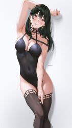 Rule 34 | 1girl, absurdres, armpit crease, armpits, arms behind head, artist name, black hair, black leotard, black thighhighs, blush, covered navel, earrings, gradient background, hair between eyes, halterneck, highres, jewelry, leotard, long hair, looking at viewer, mymzi, red eyes, red nails, shadow, simple background, solo, spy x family, standing, teeth, thighhighs, white background, yor briar