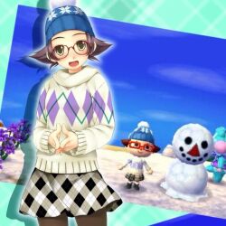 Rule 34 | 1girl, animal crossing, atelier-moo, breasts, glasses, hat, interlocked fingers, knit hat, long sleeves, miniskirt, nintendo, open mouth, pantyhose, plaid, plaid skirt, short hair, skirt, small breasts, smile, snow, snowman, solo, sweater, video game, yellow eyes