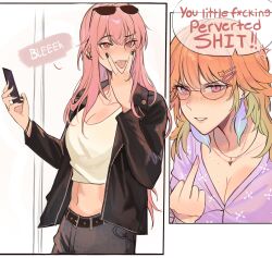 Rule 34 | 2girls, 2koma, amlichan, black jacket, black nails, blush, breasts, censored, censored text, cleavage, comic, cunnilingus gesture, earrings, freckles, hair ornament, hairclip, highres, holding, holding phone, hololive, hololive english, jacket, jewelry, large breasts, middle finger, midriff, mori calliope, multiple girls, navel, orange hair, phone, pink eyes, pink hair, profanity, red eyes, speech bubble, stomach, stud earrings, takanashi kiara, v-shaped eyebrows, virtual youtuber, yuri