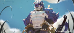 Rule 34 | 1boy, abs, absurdres, ahoge, animal ears, bandaged hand, bandages, bara, belt, brass knuckles, cowboy shot, diamond (shape), facial hair, foreshortening, forked eyebrows, from below, furry, furry male, goatee, grass, highres, large pectorals, long hair, male focus, mature male, multicolored hair, munax od, muscular, muscular male, navel, nipples, original, pectorals, planted, ponytail, purple fur, sadiend, solo, stomach, streaked hair, thick eyebrows, tiger boy, tiger ears, topless male, weapon, white hair, wind, yellow eyes