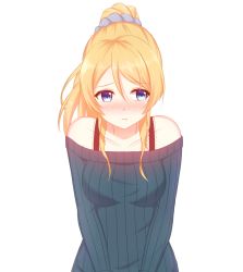 Rule 34 | 10s, 1girl, :t, ayase eli, bad id, bad pixiv id, bare shoulders, blonde hair, blue eyes, blush, breasts, casual, hair ornament, hair scrunchie, highres, love live!, love live! school idol festival, love live! school idol project, medium breasts, mikhail n, off-shoulder, off-shoulder sweater, off shoulder, ponytail, pout, ribbed sweater, scrunchie, short hair, simple background, solo, sweater, white background