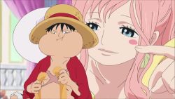 Rule 34 | animated, animated gif, black hair, blue eyes, blush stickers, cheek poking, eating, fishman island, giant, giantess, hat, lowres, mermaid, monkey d. luffy, monster girl, one piece, pink hair, poking, rubber, scar, shirahoshi, size difference, smile, straw hat, stretching