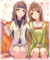 Rule 34 | 10s, 2girls, bad id, bad pixiv id, black shirt, blouse, blunt bangs, brown eyes, couch, dress, green dress, hand on another&#039;s shoulder, jacket, kalian, light brown hair, long hair, looking at viewer, love live!, love live! school idol project, minami kotori, minami kotori&#039;s mother, mother and daughter, multiple girls, pencil skirt, red ribbon, ribbon, shirt, sitting, skirt, smile, white jacket