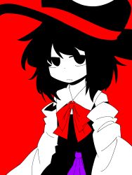 Rule 34 | 1other, androgynous, ascot, black eyes, black hair, black headwear, closed mouth, coat, detached sleeves, enraku tsubakura, expressionless, hat, highres, large hat, len&#039;en, long sleeves, looking at viewer, other focus, priswocaer, purple trim, red ascot, red background, red ribbon, ribbon, short hair, top hat