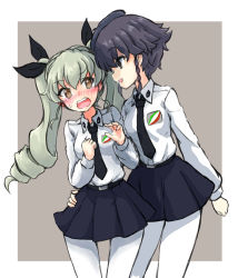 Rule 34 | 10s, 2girls, absurdres, anchovy (girls und panzer), black hair, blush, brown eyes, days135, drill hair, girls und panzer, green hair, hair ornament, hair ribbon, hand on own hip, hat, highres, looking at another, multiple girls, necktie, open mouth, pantyhose, pepperoni (girls und panzer), ribbon, school uniform, simple background, twintails, white background, white legwear, yuri