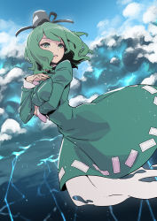 Rule 34 | 1girl, absurdres, black hat, blue sky, breast hold, breasts, cloud, commentary request, day, dress, ghost tail, green dress, green eyes, green hair, hand up, hat, highres, juliet sleeves, kawayabug, lightning, long sleeves, medium breasts, ofuda, outdoors, parted lips, puffy sleeves, short hair, sky, soga no tojiko, solo, tate eboshi, touhou