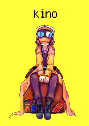 Rule 34 | 00s, 1girl, androgynous, artist request, belt, briefcase, brimmed hat, goggles, gun, hat, holster, kino (kino no tabi), kino no tabi, long coat, luggage, short hair, simple background, sitting, smile, solo, tagme, weapon, yellow background