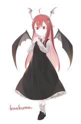 Rule 34 | &gt;:), 1girl, :&gt;, ahoge, bat wings, black dress, black footwear, character name, commentary request, dress, dress shirt, frilled dress, frills, full body, hair between eyes, head wings, highres, koakuma, loafers, long hair, long sleeves, looking at viewer, necktie, o (crazyoton46), own hands together, pinafore dress, red eyes, red hair, red necktie, shirt, shoes, sidelocks, simple background, sleeveless, sleeveless dress, smile, socks, solo, touhou, very long hair, white background, white shirt, white socks, wings