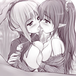 Rule 34 | 2girls, asymmetrical docking, bisexual female, grabbing another&#039;s breast, breast press, breasts, clothes pull, cum, cum in mouth, cum string, cum swap, french kiss, grabbing, kiss, kokeshi, large breasts, long hair, medium breasts, monochrome, multiple girls, penis, pointy ears, saliva, shirt pull, symmetrical docking, tongue, uni8, yuri
