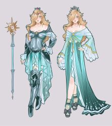 Rule 34 | 1girl, armor, blonde hair, commentary, crown, dress, earrings, english commentary, full body, green eyes, grey background, hair over one eye, hand on own hip, hannahartwork, highres, jewelry, light blue dress, long dress, long hair, long sleeves, looking to the side, mario (series), multiple views, nintendo, off-shoulder dress, off shoulder, pink lips, rosalina, simple background, stick, super mario galaxy