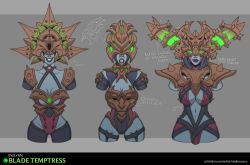 Rule 34 | 1girl, alternate costume, amputee, armor, breasts, character name, cleavage, clenched teeth, closed mouth, collarbone, english text, evelynn (league of legends), glowing, glowing eyes, gradient background, grey background, groin, helmet, highres, large breasts, league of legends, leotard, navel, pink leotard, sharp teeth, teeth, vladbacescu, watermark, web address