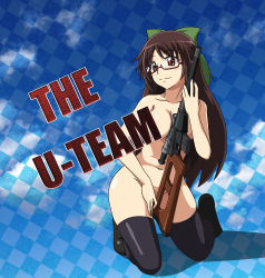 Rule 34 | 1girl, bespectacled, between breasts, black footwear, black thighhighs, blue sky, blush, bow, breasts, brown hair, censored, checkered background, cleavage, cloud, cloudy sky, collarbone, convenient censoring, glasses, green bow, groin, gun, hair bow, highres, kneeling, large bow, large breasts, long hair, navel, no wings, nude, parody, red-framed eyewear, red eyes, reiuji utsuho, rifle, semi-rimless eyewear, shadow, shoes, sky, smile, sniper rifle, solo, the a-team, thighhighs, touhou, under-rim eyewear, weapon