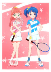 2girls alternate_costume alternate_hairstyle blue_eyes blue_hair blue_shirt blue_socks bow closed_mouth commentary cut_bangs green_eyes hair_bow hair_ornament hair_scrunchie hair_up hand_on_own_hip highres hirogaru_sky!_precure holding holding_racket kyanos_(b_0000ff) long_hair looking_at_viewer matching_outfits medium_hair miniskirt multiple_girls nijigaoka_mashiro open_mouth pink_background pink_hair pink_shirt polo_shirt ponytail precure racket scrunchie shirt shoes short_sleeves side-by-side side_ponytail single_sidelock skirt smile sneakers socks sora_harewataru sportswear standing star_(symbol) tennis_racket tennis_uniform white_shoes white_skirt white_socks wristband yellow_bow yellow_scrunchie