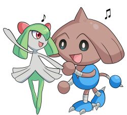 black_eyes brown_fur claws cococinno creatures_(company) dancing dress game_freak gen_2_pokemon gen_3_pokemon green_hair hitmontop horns kirlia musical_note nintendo open_mouth pokemon pokemon_(creature) red_eyes single_horn white_dress