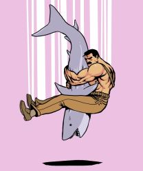 Rule 34 | 1boy, capcom, facial hair, final fight, junkboy, male focus, manly, mike haggar, muscular, mustache, piledriver (wrestling), shark, simple background, solo, speed lines, street fighter, topless male, wrestling