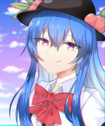 Rule 34 | 1girl, black hat, blue hair, blue sky, bow, bowtie, closed mouth, collared shirt, food, frills, fruit, gradient sky, hair between eyes, hat, hat ornament, highres, hinanawi tenshi, leaf, long hair, looking at viewer, notsuki (koma128), outdoors, peach, pink eyes, puffy short sleeves, puffy sleeves, purple sky, red bow, red bowtie, shirt, short sleeves, sidelocks, sky, smile, solo, touhou, upper body