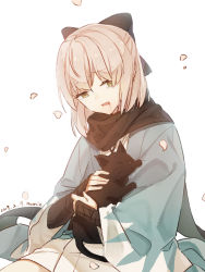 Rule 34 | 1girl, animal, armor, artist name, black cat, black ribbon, black scarf, blonde hair, blood, blood from mouth, cat, commentary request, crying, dated, falling petals, fate/grand order, fate (series), hair ribbon, haori, highres, holding, holding animal, holding cat, japanese armor, japanese clothes, kimono, koha-ace, kote, kumin (6939359), looking at another, medium hair, narrowed eyes, okita souji (fate), okita souji (koha-ace), petals, petting, ribbon, scarf, short kimono, sidelocks, simple background, solo, streaming tears, tears, white background, yellow eyes