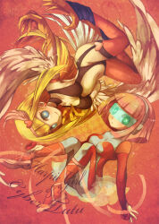 Rule 34 | 2girls, bare shoulders, blonde hair, blue eyes, blunt bangs, blush, bodysuit, breasts, cambo copoca, character name, claws, cleavage, cyber tutu, duel monster, elbow gloves, feathered wings, feathers, fingerless gloves, flower, gloves, green-tinted eyewear, hair ornament, harpie girl (yu-gi-oh!), harpy, heart, heart hair ornament, long hair, medium breasts, monster girl, multiple girls, navel, open mouth, pink background, pink bodysuit, pink feathers, pink hair, pink thighhighs, pink wings, rose, rotational symmetry, short hair, smile, talons, thighhighs, tinted eyewear, white feathers, white wings, winged arms, wings, yu-gi-oh!