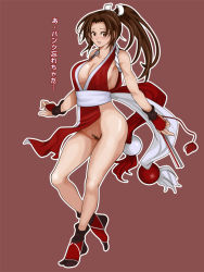 Rule 34 | 1girl, bare shoulders, blush, breasts, brown eyes, brown hair, bula, cleavage, folded fan, hand fan, fatal fury, female pubic hair, fingerless gloves, folding fan, gloves, japanese clothes, large breasts, no panties, ponytail, pubic hair, shiranui mai, side slit, snk, solo, tabi, the king of fighters