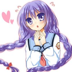 Rule 34 | 10s, 1girl, angel beats!, braid, hisako (angel beats!), irie miyuki, long hair, nakamura hinato, purple eyes, purple hair, school uniform, solo, twin braids, twintails