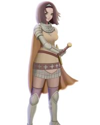 Rule 34 | 1girl, armor, armored boots, boobplate, boots, breastplate, brown cape, brown hair, brown thighhighs, cape, chainmail, closed mouth, commentary, english commentary, expressionless, fighting stance, full body, gauntlets, green eyes, highres, holding, holding sword, holding weapon, knight, looking at viewer, lord knight (ragnarok online), pauldrons, plate armor, ragnarok online, ready to draw, short hair, shoulder armor, simple background, solazure, solo, standing, sword, thighhighs, tiara, weapon, white background
