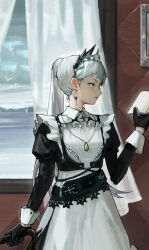 Rule 34 | 1girl, absurdres, arknights, black gloves, book, curtains, earrings, gloves, grey eyes, hairband, highres, irene (arknights), irene (voyage of feathers) (arknights), jewelry, long hair, necklace, open book, peach21, ponytail, puffy sleeves, solo, white hair