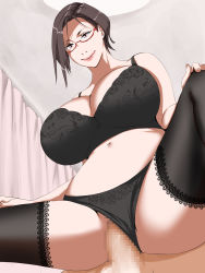 Rule 34 | 1girl, black bra, black hair, black panties, black thighhighs, bra, breasts, censored, cleavage, closed mouth, clothed female nude male, cowgirl position, from below, girl on top, glasses, groin, hands on own knees, highres, huge breasts, indoors, legs, lying, mosaic censoring, navel, nude, nypaon, original, panties, penis, pink eyes, pov, pussy, red-framed eyewear, semi-rimless eyewear, sex, short hair, smile, straddling, thighhighs, thighs, underwear, vaginal
