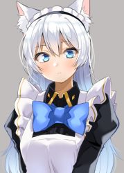 Rule 34 | 1girl, animal ear fluff, animal ears, apron, blue bow, blue eyes, blush, bow, cat ears, frilled apron, frills, gomashi (goma), grey background, long hair, looking at viewer, maid, maid apron, maid headdress, original, simple background, solo, upper body, white hair