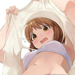 Rule 34 | 1girl, arms up, blush, bra, breasts, brown eyes, brown hair, clothes lift, commentary, flying sweatdrops, from below, frown, hagiwara yukiho, hiroki (yyqw7151), idolmaster, idolmaster (classic), lifting own clothes, looking at viewer, looking down, navel, open mouth, shirt lift, short hair, simple background, small breasts, solo, underwear, upshirt, white background, white bra