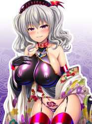 Rule 34 | alternate eye color, bare shoulders, black gloves, breasts, collar, corruption, covered erect nipples, dark persona, elbow gloves, floral print, garter straps, gloves, gradient background, hair between eyes, hand on own chest, hand up, japanese clothes, kantai collection, kashima (kancolle), kimono, leaning forward, looking at viewer, militia minpei, multicolored clothes, multicolored kimono, navel, new year, no bra, obi, panties, parted lips, pubic tattoo, purple background, purple eyes, purple headwear, purple panties, red collar, red sash, sash, signature, silver hair, skindentation, smile, solo, sweat, tattoo, thigh gap, thighs, twintails, underwear, white kimono