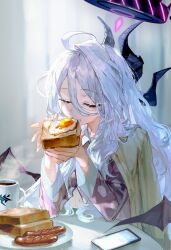 Rule 34 | 1girl, ahoge, blue archive, bread slice, cellphone, closed eyes, coffee, cup, demon horns, eating, food, fried egg, fried egg on toast, halo, highres, hina (blue archive), horns, indoors, long hair, low wings, multiple horns, pajamas, phone, quasarcake, sausage, sitting, smartphone, solo, sunlight, table, toast, upper body, very long hair, white hair, wings