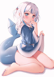 Rule 34 | 1girl, animal hood, barefoot, blue eyes, blue hair, blue nails, blunt bangs, blush, bottomless, fins, fish tail, gawr gura, hair ornament, highres, hololive, hololive english, hood, hood down, looking at viewer, medium hair, multicolored hair, nail polish, shark girl, shark hood, shark tail, silver hair, simple background, solo, streaked hair, tail, thighs, toenail polish, toenails, toes, two side up, virtual youtuber, white background, zhaofeng yinyue