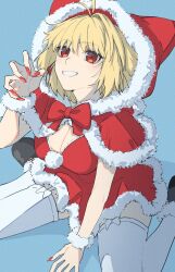 anianiani0607 arcueid_brunestud black_footwear blonde_hair breasts christmas cleavage hat highres large_breasts looking_at_viewer necktie red_eyes red_nails red_necktie santa_hat short_hair simple_background sitting thighhighs tsukihime type-moon white_thighhighs