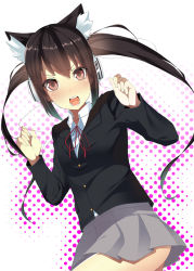 Rule 34 | 1girl, angry, animal ears, bad id, bad pixiv id, black hair, blazer, blush, cat ears, clenched hand, headphones, jacket, k-on!, koba, long hair, looking at viewer, nakano azusa, open mouth, pleated skirt, red eyes, school uniform, skirt, solo, twintails