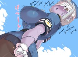 Rule 34 | 1girl, absurdres, bandage over one eye, blue skin, blush, cloud, colored skin, corpse, day, dutch angle, gloves, hair between eyes, highres, minami aomori, original, outdoors, pantyhose, police, police uniform, policewoman, short hair, skirt, sky, solo, stitches, undead, uniform, white gloves, zombie, zombie girl