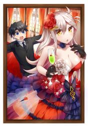 Rule 34 | 1boy, 1girl, antenna hair, bare shoulders, black gloves, black hair, black necktie, black pants, black suit, blue eyes, blush, breasts, champagne flute, cleavage, collarbone, collared shirt, comiket 94, commentary request, cup, curtains, dress, drinking glass, fate/grand order, fate (series), flower, formal, fujimaru ritsuka (male), fujimaru ritsuka (male) (royal brand), gloves, grey hair, grey shirt, hair between eyes, hair flower, hair ornament, holding, holding cup, indoors, large breasts, long sleeves, necktie, official alternate costume, ohitashi netsurou, olga marie animusphere, olga marie animusphere (afternoon party), orange dress, pants, red flower, red rose, rose, shirt, strapless, strapless dress, suit, two-tone dress, white dress, window, yellow eyes