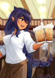 Rule 34 | 1girl, :d, absurdres, alcohol, apron, artist name, beer mug, blue pants, blurry, blurry background, braid, breasts, brown apron, covered erect nipples, cup, dark-skinned female, dark skin, foam, hair horns, highres, holding, holding cup, indoors, jahy, jahy-sama wa kujikenai!, light blush, long braid, long hair, looking to the side, medium breasts, mug, multiple others, open mouth, pants, perky breasts, pointy ears, ponytail, purple hair, revival, shirt, single braid, smile, solo focus, standing, waist apron, white shirt