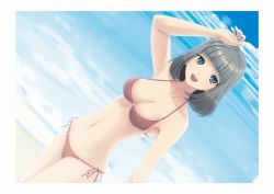 Rule 34 | 1girl, :d, arm up, bad id, bad pixiv id, beach, bikini, breasts, cleavage, couzone, day, dutch angle, green eyes, grey hair, large breasts, navel, open mouth, original, outdoors, red bikini, shading eyes, short hair, side-tie bikini bottom, smile, solo, swimsuit